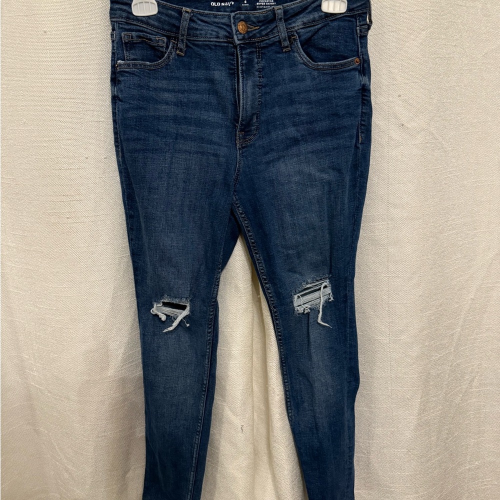 Old Navy Women's Dark Blue Distressed Skinny Jeans
